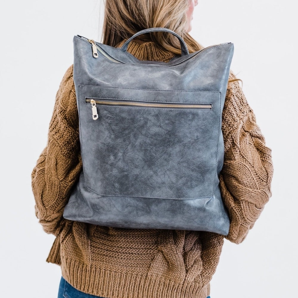 Reese Oversized Gray Faux Leather Backpack